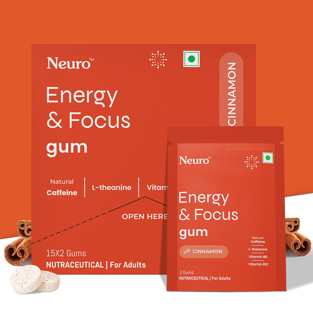 Neuro Energy Caffeine Gums - Cinnamon - Pack of 6 (180 Pieces: 15 X 2 gum sachets)