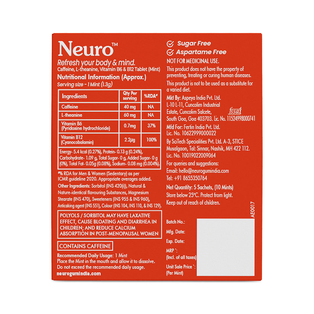 Neuro Energy Caffeine Mints - Cinnamon (10 Mints: 5 x 2 mint sachets)