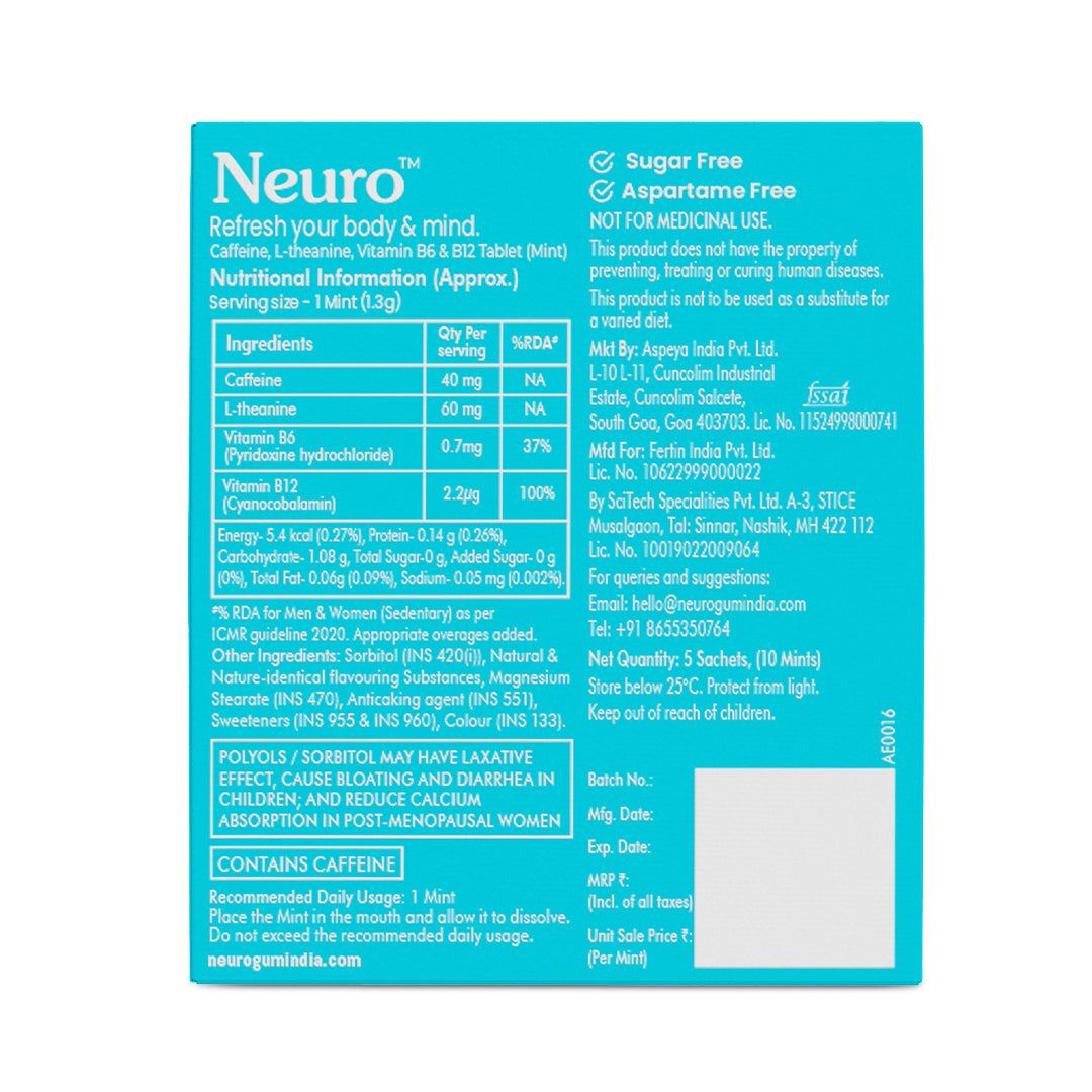Neuro Energy Caffeine Mints- Peppermint (10 Mints: 5x2 mint sachets)