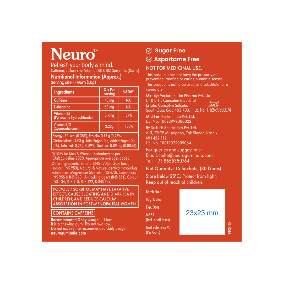 Neuro Energy Caffeine Gums - Cinnamon - Pack of 6 (180 Pieces: 15 X 2 gum sachets)