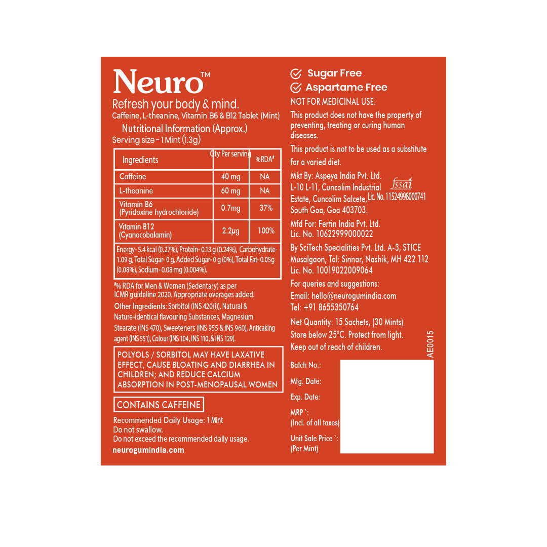 Neuro Energy Caffeine Mints - Cinnamon- Pack of 6 (180 Pieces: 15 X 2 mint sachets)