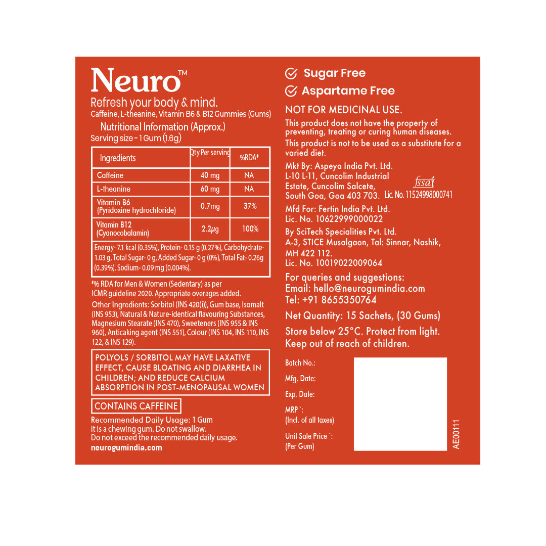 Neuro Caffeine Gums - Cinnamon (30 Pieces: 15 X 2 gum sachets) - Pack of 1