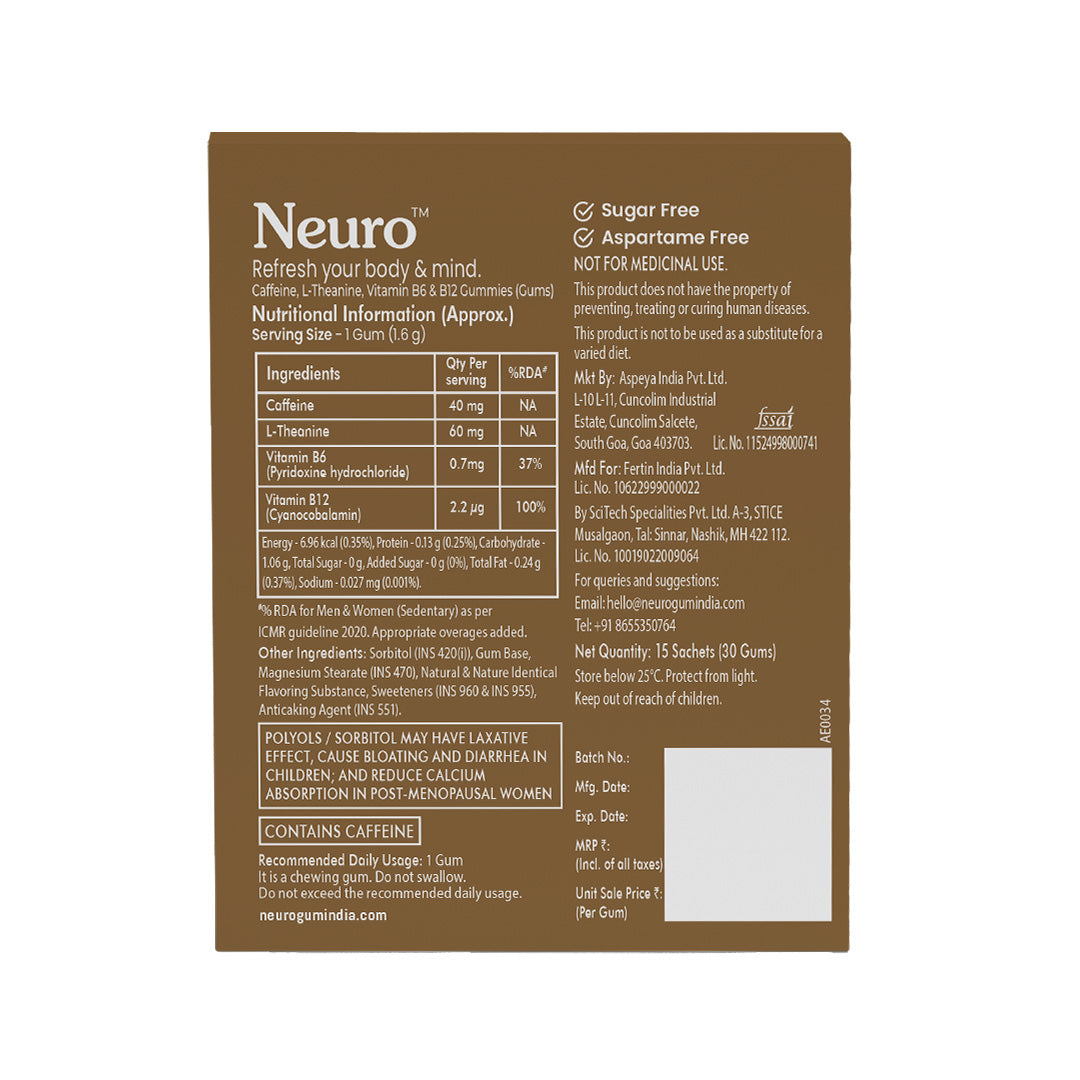 Neuro Energy Gums - Iced Coffee (30 Pieces: 15 X 2 gum sachets) - Pack of 1