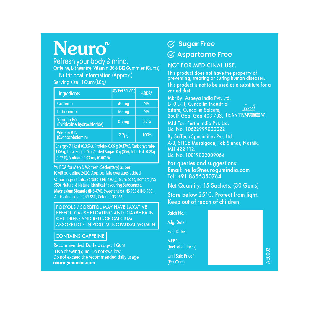 NeuroGum Energy Caffeine Gums - Peppermint (30 Pieces: 15 X 2 gum sachets)