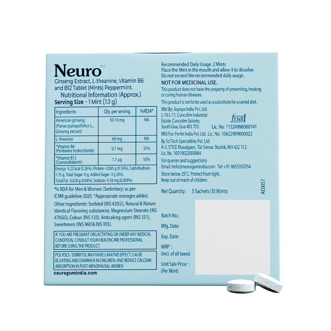 NeuroGum Memory & Focus Mints - Peppermint  (10 Mints: 5 x 2 Mint sachets)