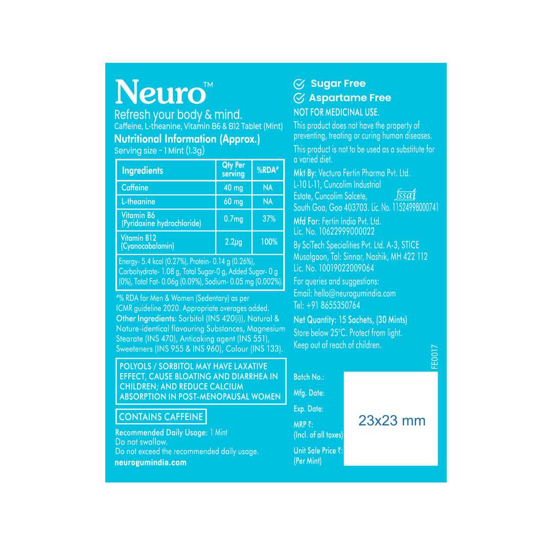 Neuro Caffeine Mints - Peppermint (30 Pieces: 15 X 2 mint sachets) - Pack of 1
